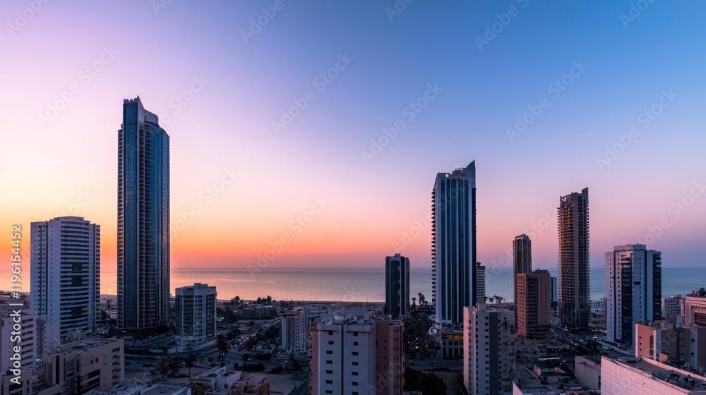 Fototapeta premium Coastal City Skyline at Sunrise