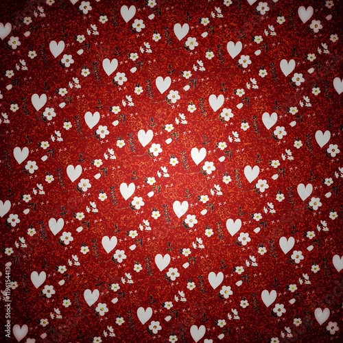 Seamless pattern of red texture  with  white hearts and small flowers design element for surfaces 