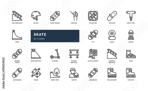 skate sport game leisure youth hobby outline line icon set