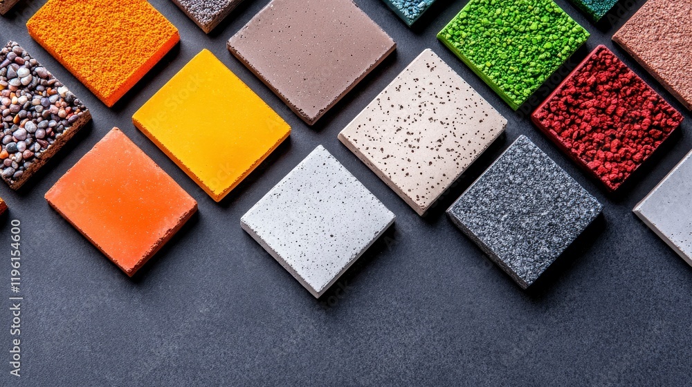 A vibrant array of textured tiles showcasing various colors and materials on a dark surface A vibrant array of textured tiles showcasing various colors and materials on a dark surface