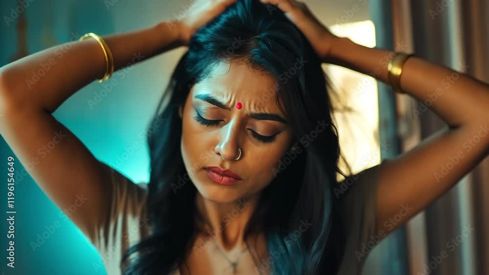 A young Indian employee who is stressed out and overworked is pounding her head against the wall. A young Indian employee who is stressed out and overworked is pounding her head against the wall.