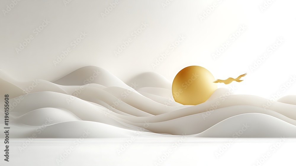 Fototapeta premium Golden Egg Nestled in White Wavy Landscape