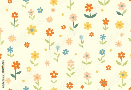 Charming Retro Floral Pattern: Seamless Design Featuring Pastel Yellow, Orange, Blue, Pink, and Green Flowers on Cream Background