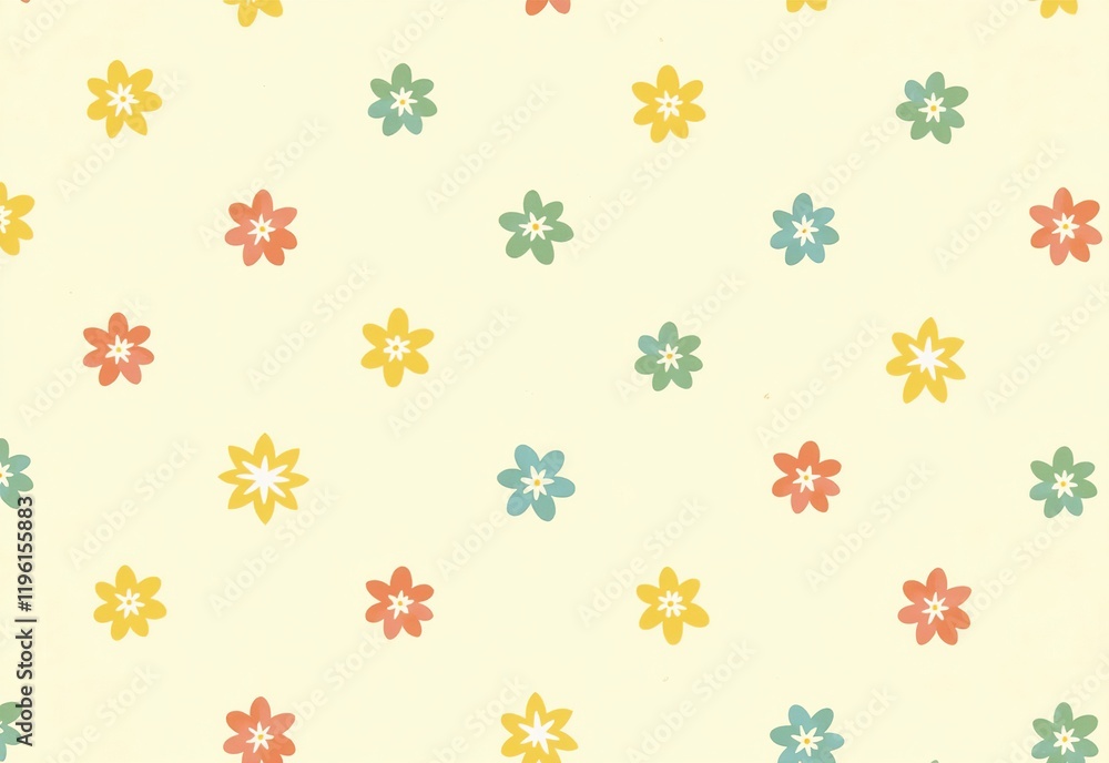 custom made wallpaper toronto digitalCheerful Seamless Floral Pattern: A Retro Touch with Small Pastel Flowers in Yellow, Orange, Blue, Pink, and Green on Cream Background 