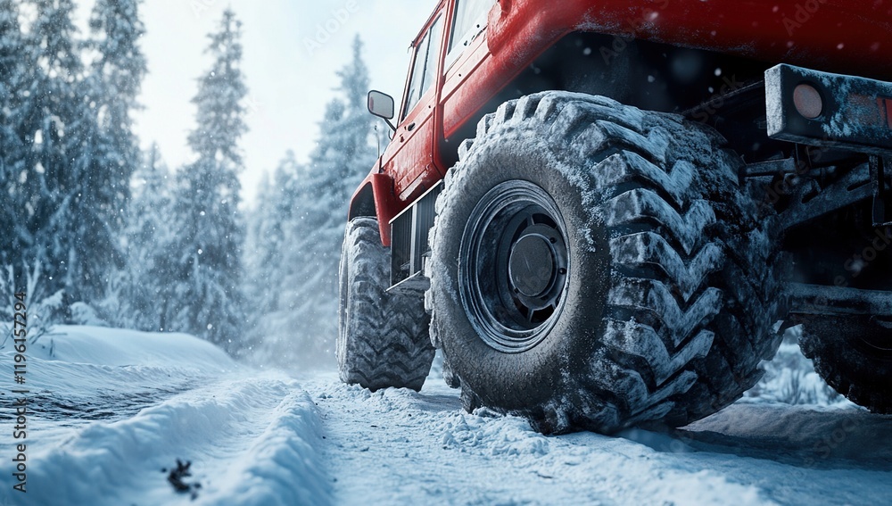 Powerful Off-Road Vehicle Conquers Snowy Terrain with Huge Tires During Winter Adventure Powerful Off-Road Vehicle Conquers Snowy Terrain with Huge Tires During Winter Adventure
