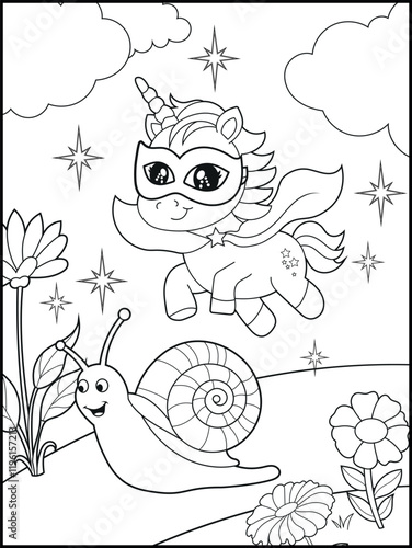 Superhero Unicorn Coloring Page for Kids. A Fun and Printable Black and White Activity Sheet for Kindergarten.
