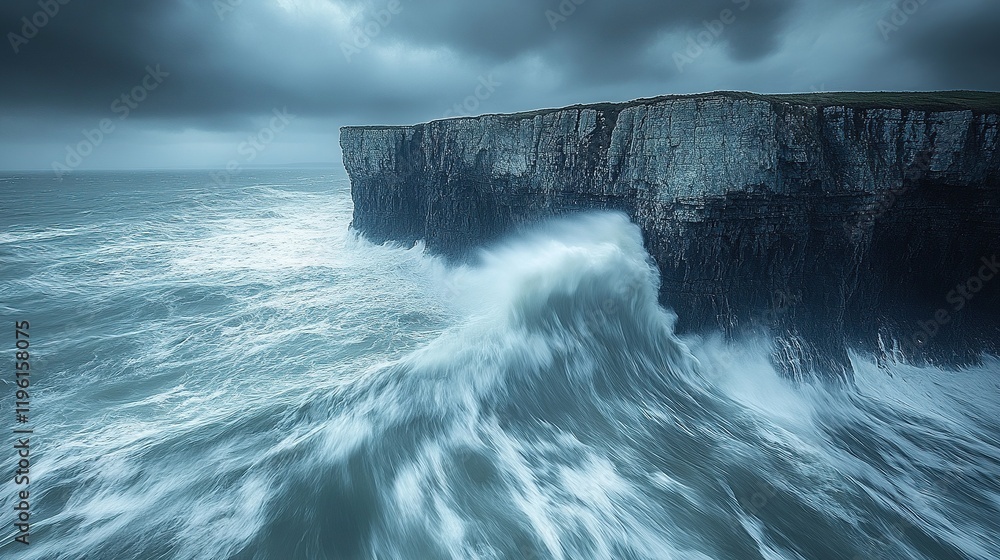A dramatic seascape featuring crashing waves against a rugged cliff under a moody sky. A dramatic seascape featuring crashing waves against a rugged cliff under a moody sky.