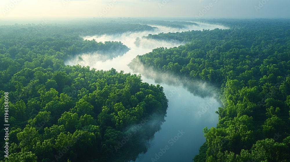 A serene aerial view of a winding river surrounded by lush green forests and morning mist. A serene aerial view of a winding river surrounded by lush green forests and morning mist.