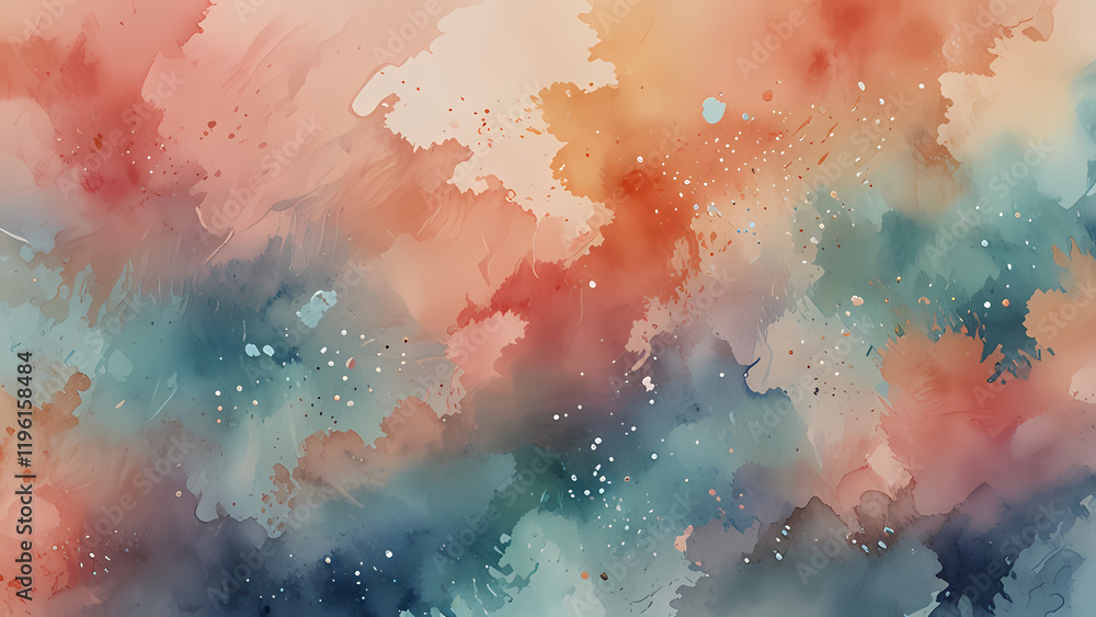 Fototapeta premium A romantic abstract background with watercolor-style splashes in gentle peach, rose, and sky blue tones