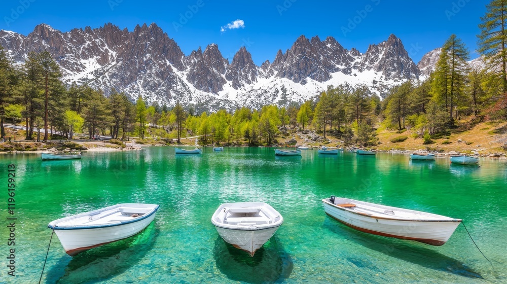 Serene Capped Mountains with Fir Forests Surrounding a Tranquil Emerald Lake Serene Capped Mountains with Fir Forests Surrounding a Tranquil Emerald Lake