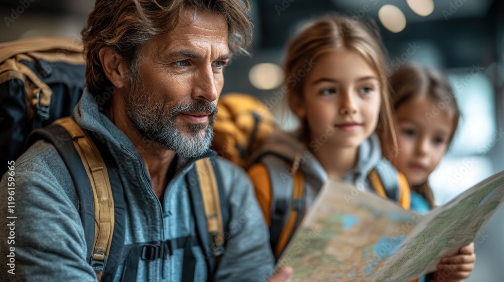 A man and two children explore a map, suggesting adventure and travel plans. A man and two children explore a map, suggesting adventure and travel plans.