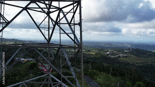 Aerial view of communications tower with antennas in the mountains in Corozal Puerto Rico photo