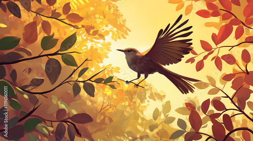 Create a vibrant morning scene with a mockingbird in a lush natural setting for nature lovers and birdwatching enthusiasts. Shadowsong. Illustration photo