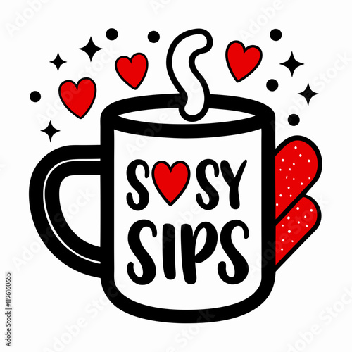 Sticker design of A chic coffee mug with a red lipstick imprint and decorative hearts and sparkles