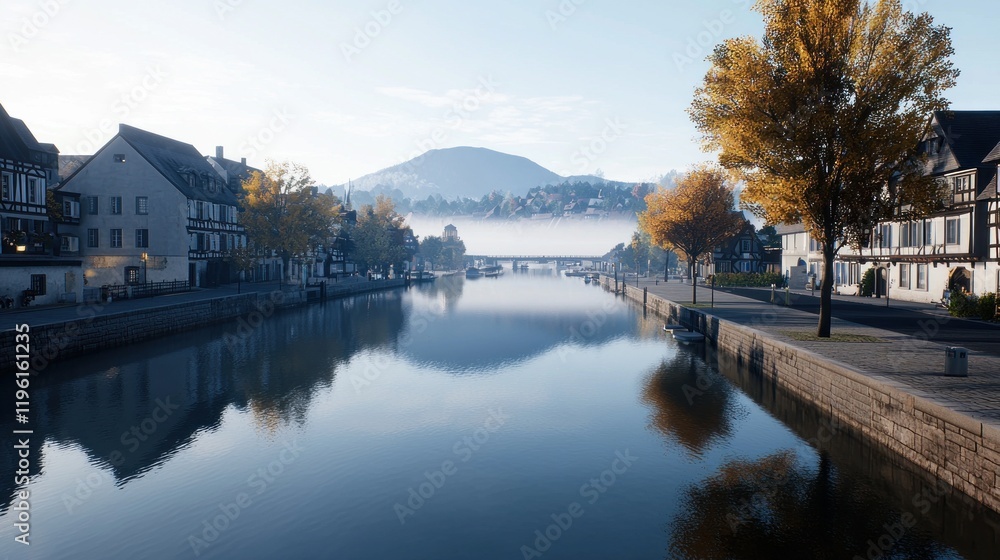 Fototapeta premium Serene riverside view with autumn foliage and distant mountains.