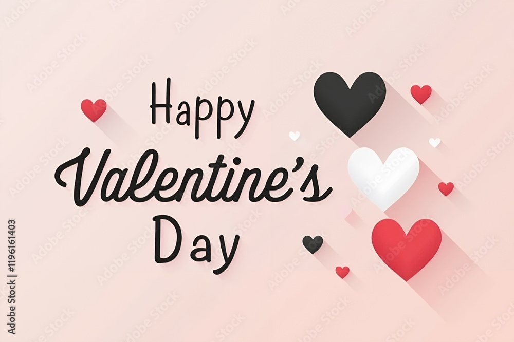 A clean and modern Valentine’s design with simple heart shapes in white, black, and red on a matte pale pink background A clean and modern Valentine’s design with simple heart shapes in white, black, and red on a matte pale pink background