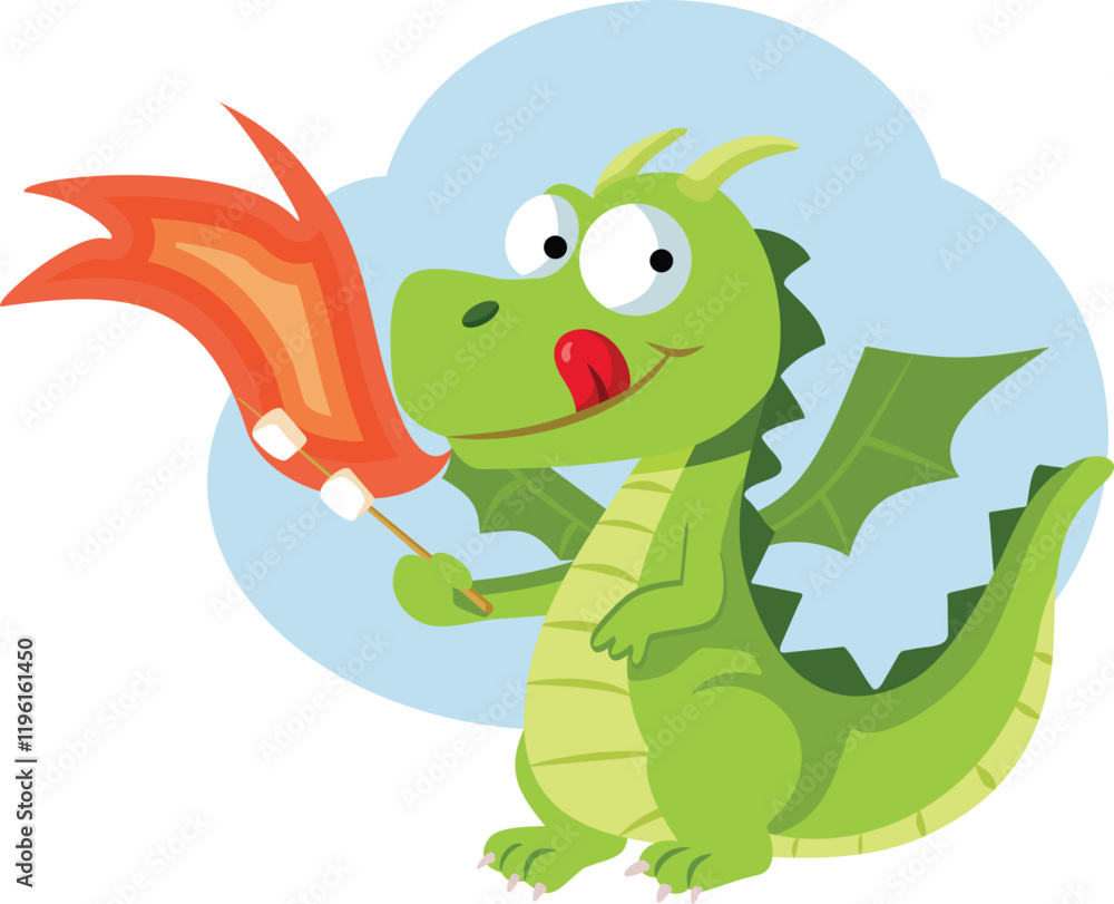Naklejka premium Adorable Dragon Heats Marshmallows on Fire Vector Cartoon. Cute mythical creature roasting marshmallow on a stick 