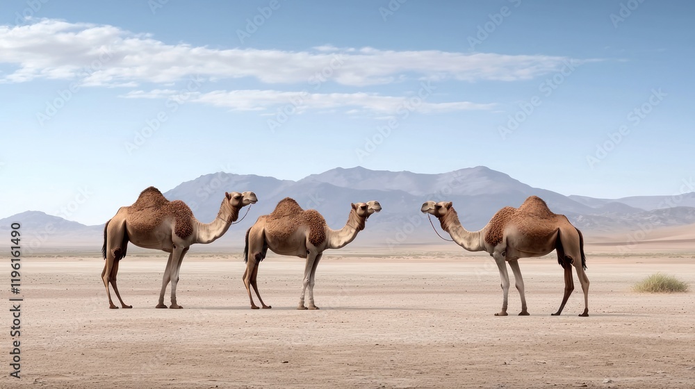 Three Camels in Desert Landscape Three Camels in Desert Landscape