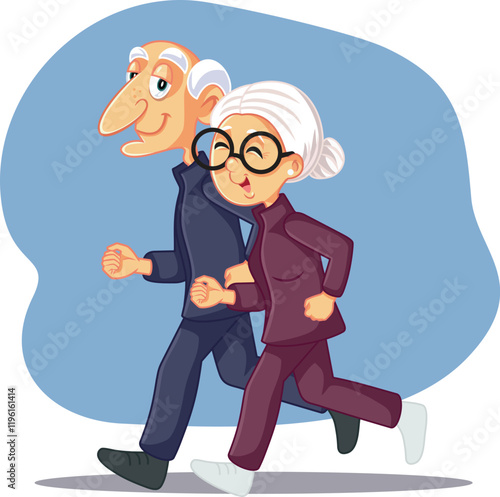 Elderly Sporty Couple Running Together Vector Illustration Cartoon. Cheerful senior mature husband and wife jogging 
