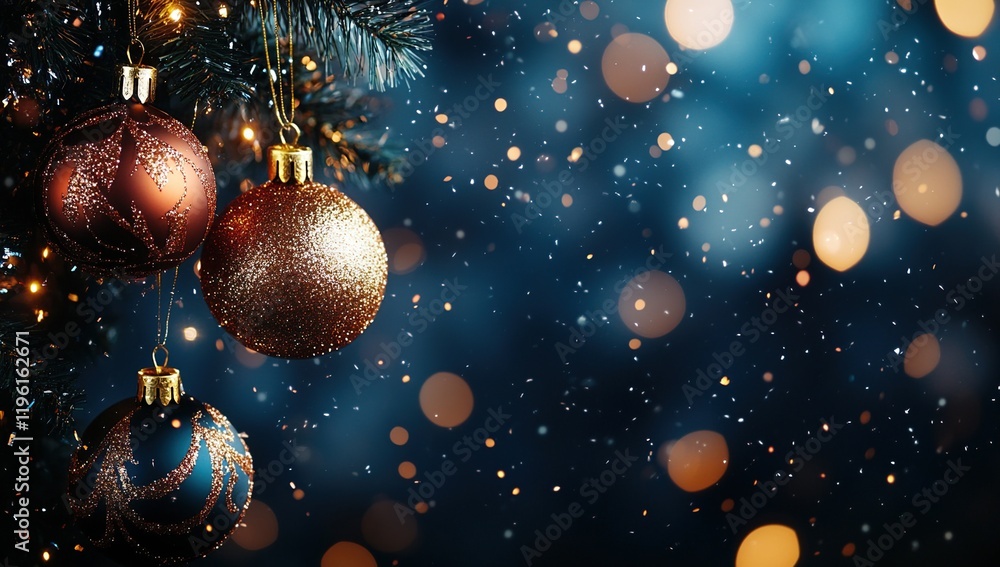 Sparkling Christmas Ornaments Decorate Festive Tree with Lights and Falling Snow, Creating a Magical Winter Wonderland Scene. Sparkling Christmas Ornaments Decorate Festive Tree with Lights and Falling Snow, Creating a Magical Winter Wonderland Scene.