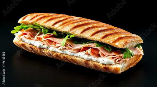 A delicious sandwich filled with ham, greens, and creamy sauce, set against a sleek black background photo