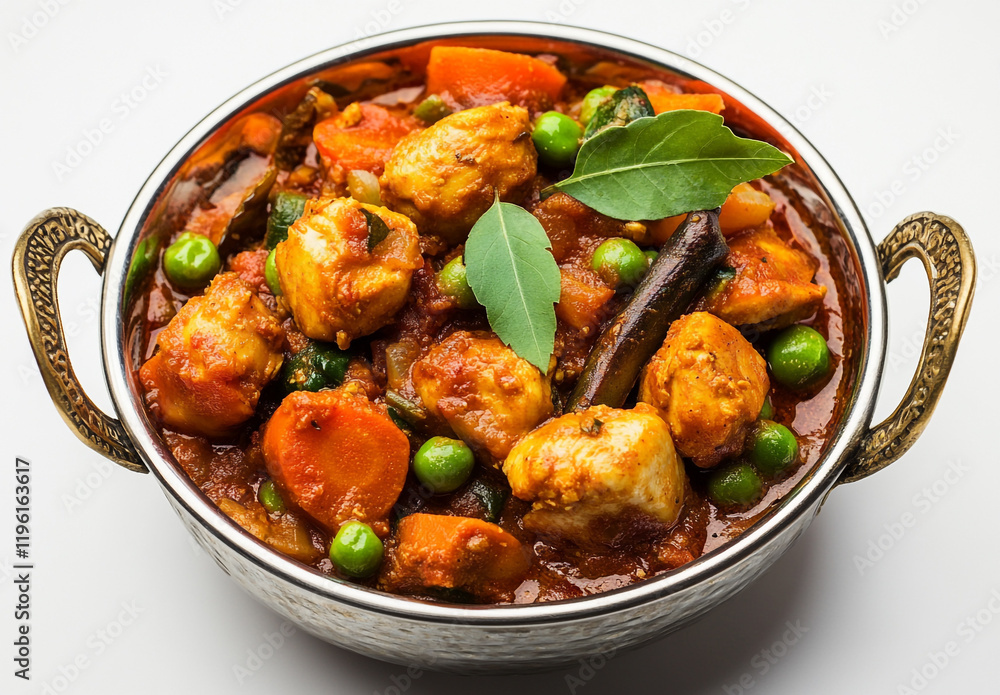 Traditional Indian curry with vegetables in a metal bowl Traditional Indian curry with vegetables in a metal bowl
