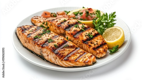 A plate of grilled fish on white background