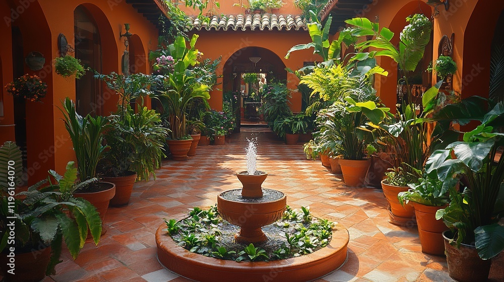 A serene courtyard filled with lush plants and a central fountain, creating a peaceful atmosphere. A serene courtyard filled with lush plants and a central fountain, creating a peaceful atmosphere.