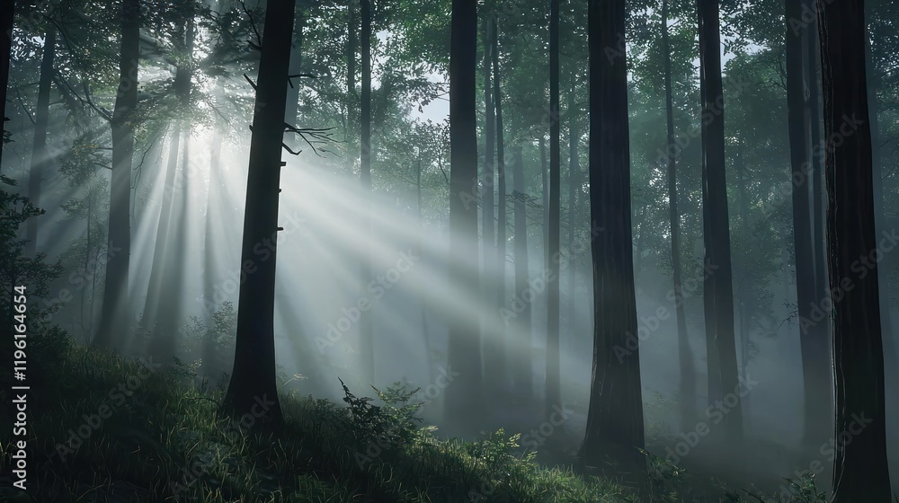 Fototapeta premium Serene forest with sunlight streaming through misty trees.