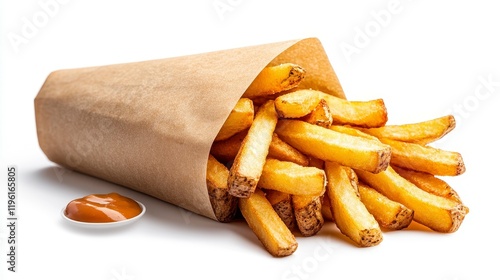 A delicious serving of golden French fries in a paper cone with a side of dipping sauce photo