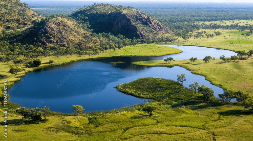 Aerial view of a tranquil lake and river Aerial view of a tranquil lake and river