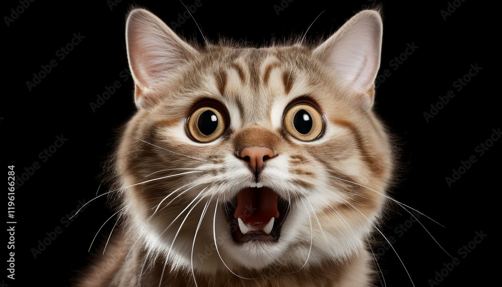 A surprised cat with wide eyes and an open mouth against a dark background, conveying a sense of shock or alertness. A surprised cat with wide eyes and an open mouth against a dark background, conveying a sense of shock or alertness.
