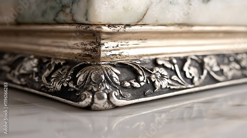 Ornate silver base supports marble top rectangular object photo