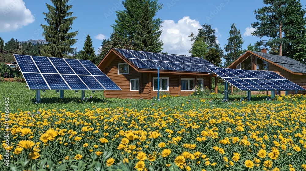 Solar panels on a house surrounded by a field of yellow flowers. Solar panels on a house surrounded by a field of yellow flowers.