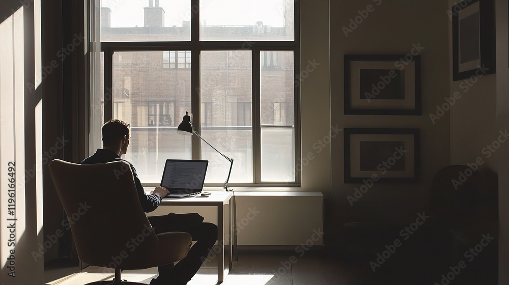 Businessperson Working Alone in a Modern, Empty Office Space Businessperson Working Alone in a Modern, Empty Office Space