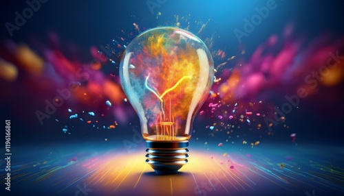 A vibrant light bulb emits colorful sparks and energy, symbolizing creativity and innovation in a visually striking manner.