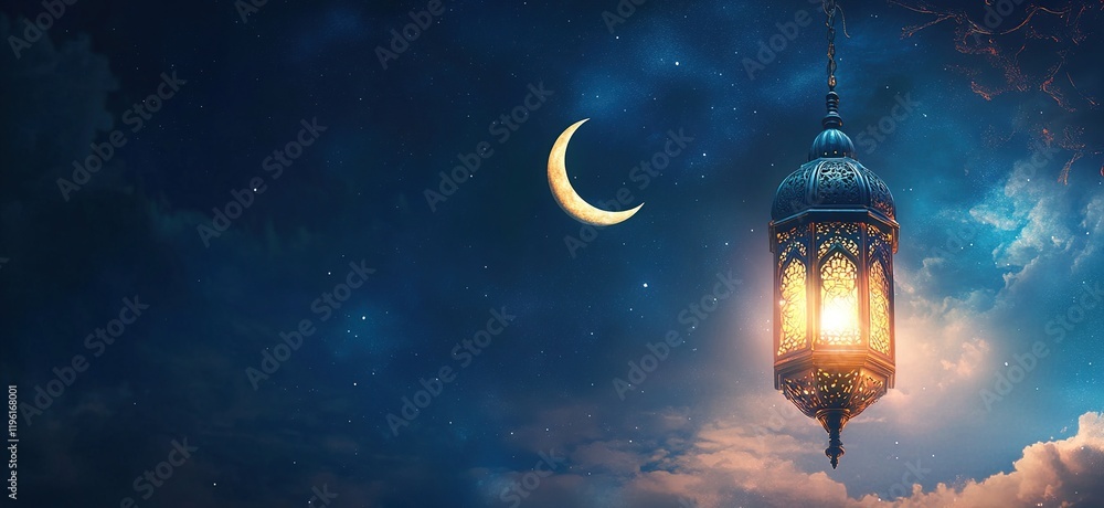 Glowing Lantern illuminates Night Sky with Crescent Moon, Stars, and Clouds. Festive Celebration Atmosphere. Glowing Lantern illuminates Night Sky with Crescent Moon, Stars, and Clouds. Festive Celebration Atmosphere.