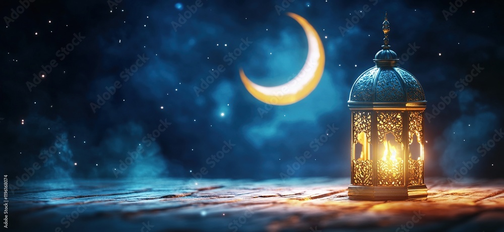 Glowing Lantern Illuminates Night Sky with Crescent Moon, Stars, and Wooden Table Glowing Lantern Illuminates Night Sky with Crescent Moon, Stars, and Wooden Table