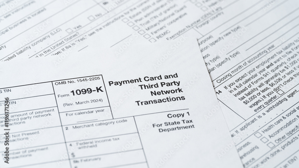 Form 1099-K, Payment Card and Third Party Network Transactions, IRS Tax Document Close-Up Form 1099-K, Payment Card and Third Party Network Transactions, IRS Tax Document Close-Up