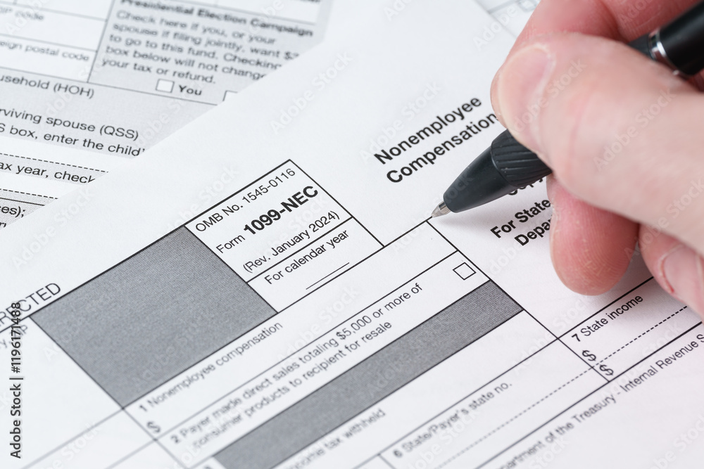 Fototapeta premium Form 1099-NEC, Nonemployee Compensation, IRS Tax Return Filing Document Close-Up