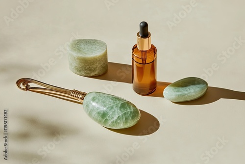 clean minimalistic flat lay of skincare tools and products including jade roller gua sha stone and serum bottle set photo