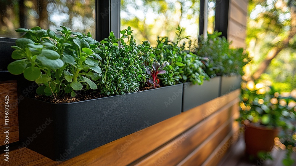 A window planter filled with various herbs and plants, enhancing the aesthetic and freshness of the space. A window planter filled with various herbs and plants, enhancing the aesthetic and freshness of the space.