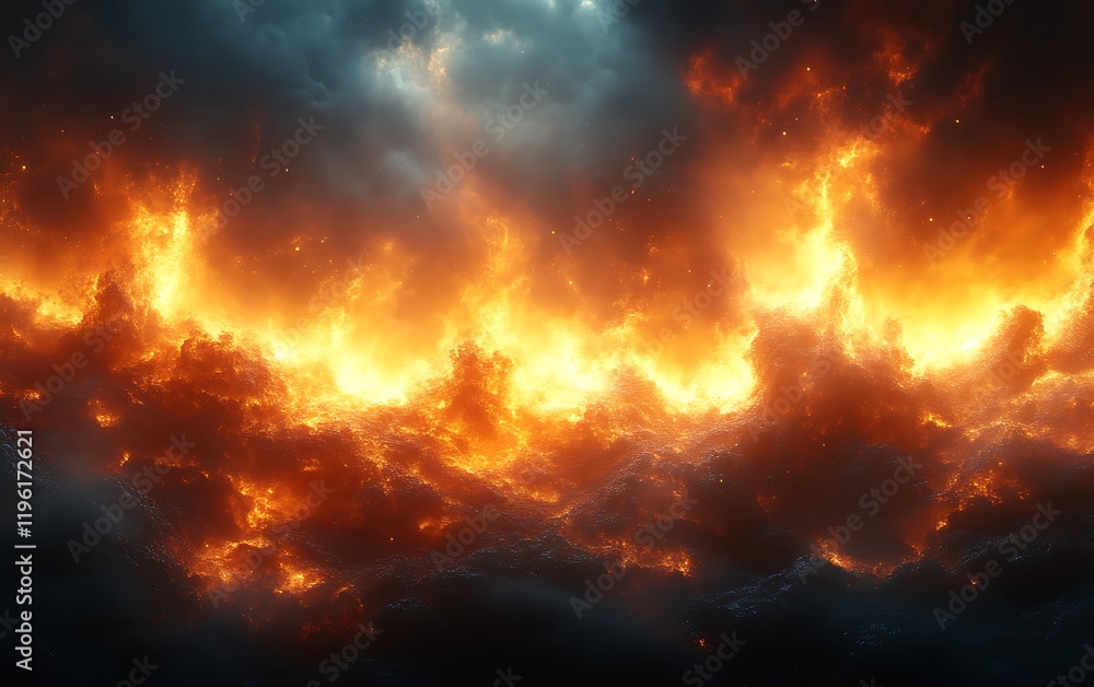 Fiery inferno consuming dark clouds, apocalyptic scene. Fiery inferno consuming dark clouds, apocalyptic scene.