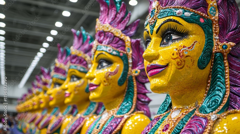 Colorful Masks and Statues at Mardi Gras Parade with Vibrant Decorations and Crowds Colorful Masks and Statues at Mardi Gras Parade with Vibrant Decorations and Crowds