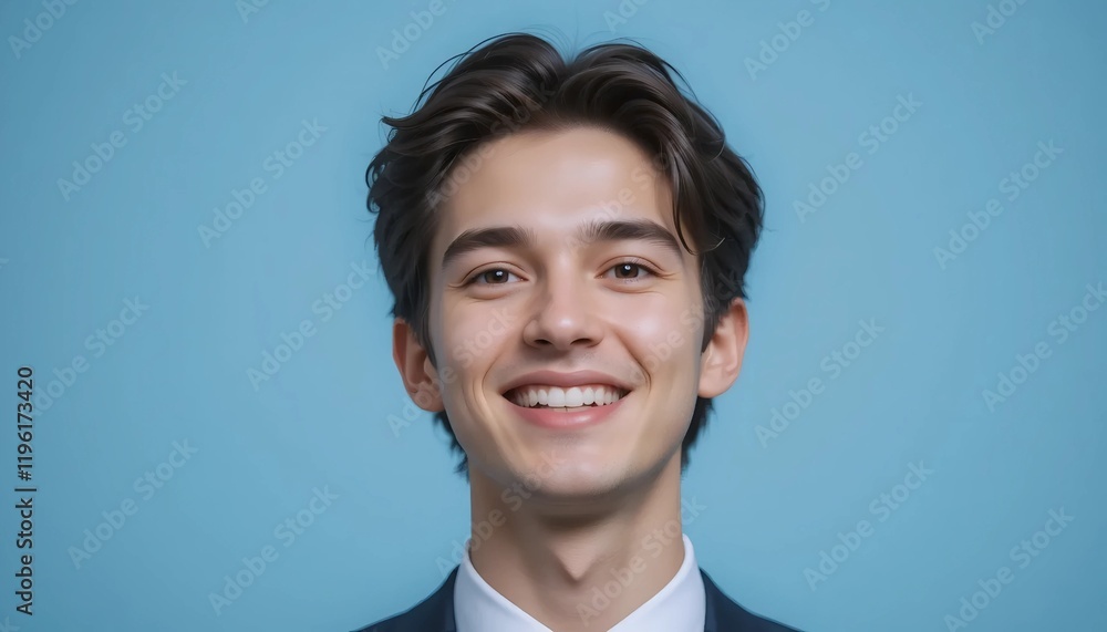 Portrait of a Smiling Young Man in Professional Attire with Bright Eyes and Warm Expression on Light Blue Background Portrait of a Smiling Young Man in Professional Attire with Bright Eyes and Warm Expression on Light Blue Background
