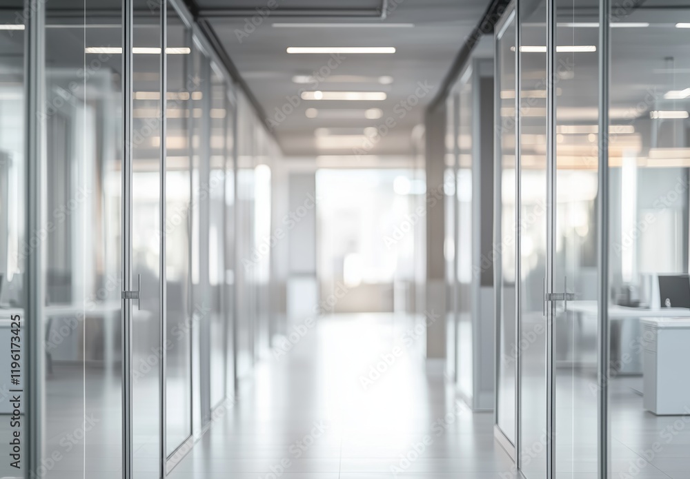 Obraz premium Modern Office Hallway with Glass Walls and Natural Light Creating a Calm Atmosphere 