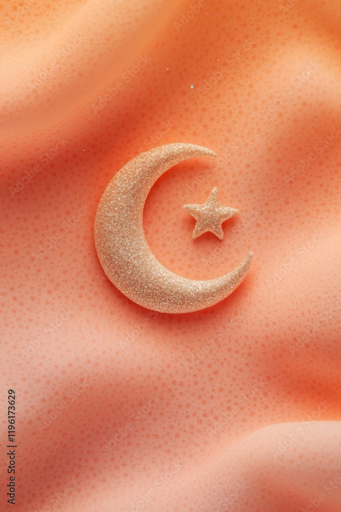 Fototapeta premium crescent moon and star decoration resting on smooth coral background with soft natural lighting