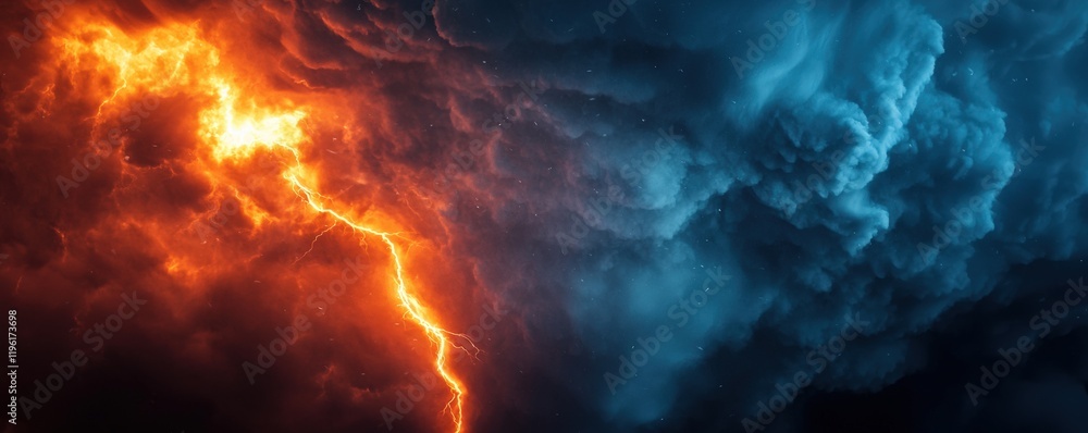A dramatic sky featuring striking orange lightning against deep blue storm clouds. A dramatic sky featuring striking orange lightning against deep blue storm clouds.