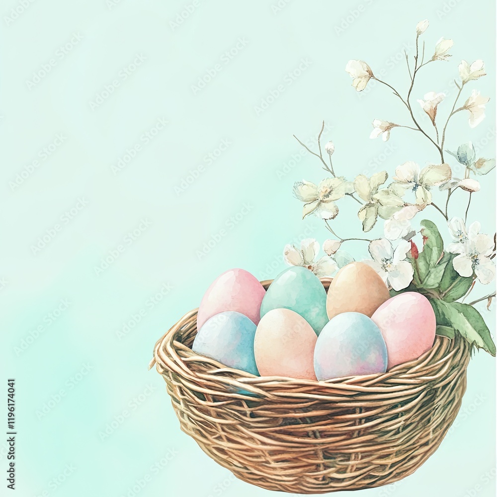 digital watercolor illustration of wicker basket filled with pastel eggs and spring flowers digital watercolor illustration of wicker basket filled with pastel eggs and spring flowers