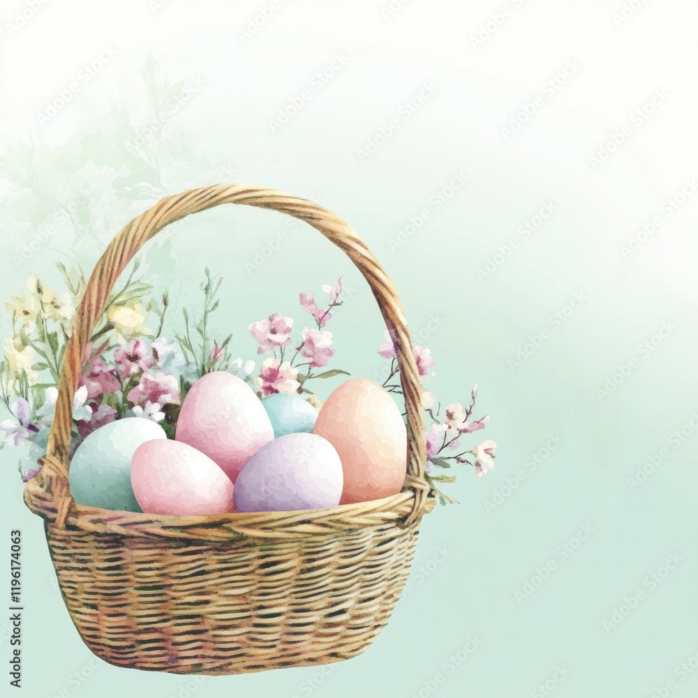 digital watercolor illustration of wicker basket filled with pastel eggs and spring flowers digital watercolor illustration of wicker basket filled with pastel eggs and spring flowers